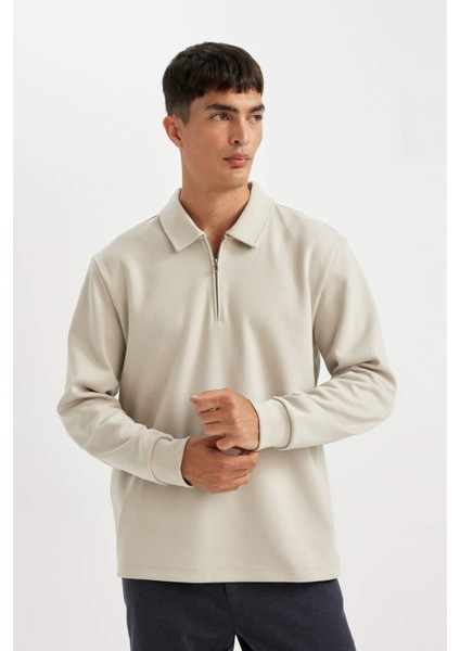 Regular Fit Polo Yaka Yarım Fermuarlı Basic Düz Sweatshirt D2279AX24AU
