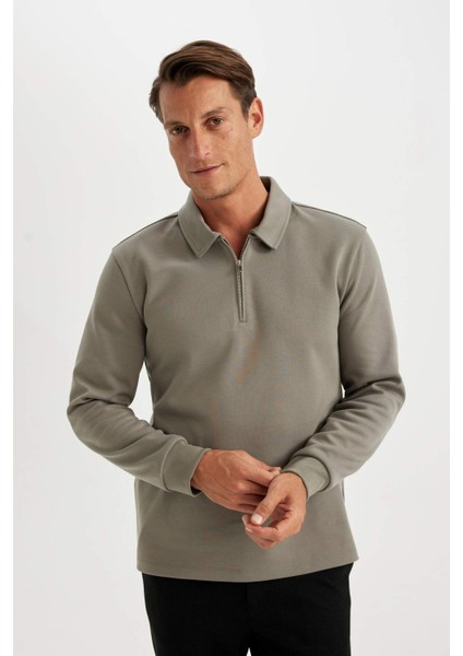 Regular Fit Polo Yaka Yarım Fermuarlı Basic Düz Sweatshirt D2279AX24AU