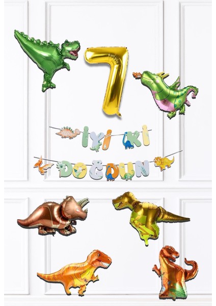Dinazor Tema Doğum Günü Balon Zinciri Seti Yaş Doğum Günü 6lı Dinozor Balon Banner Seti