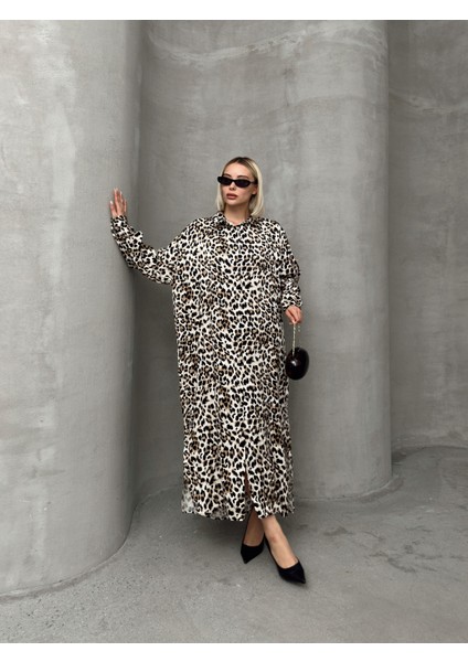 Leopar Desenli Yandan Yırtmaçlı Oversize Elbise Kahve 9262-E modelleri