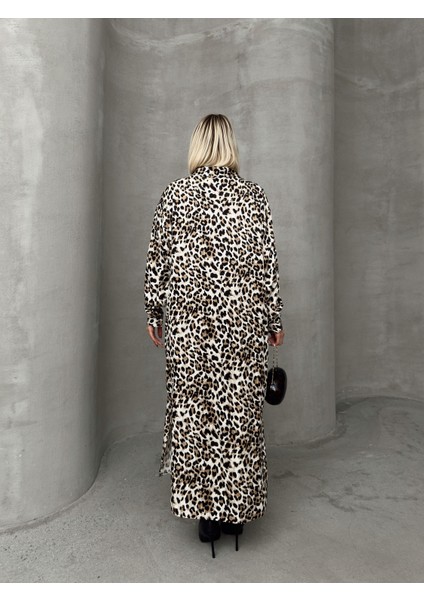 Leopar Desenli Yandan Yırtmaçlı Oversize Elbise Kahve 9262-E indirimleri