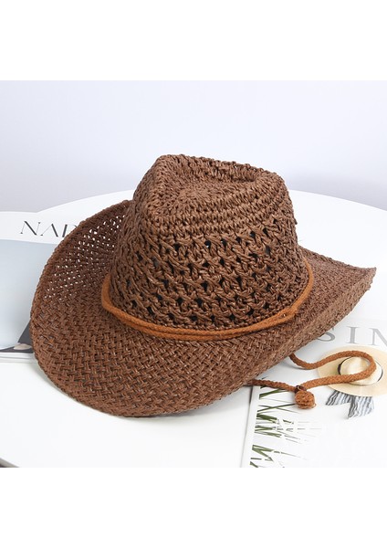 Batı Kovboy Şapkası Katlanabilir Hasır Şapka Erkekler ve Kadınlar Büyük Ağız Güneşlik Şapka (Yurt Dışından)