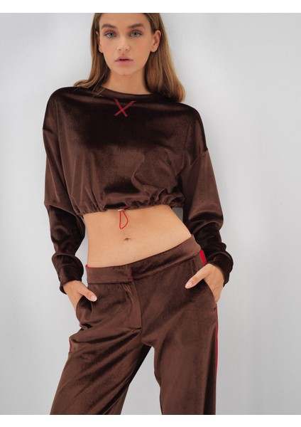 Kadın Kahverengi Lüks Dokulu Soft Kadife Oversize Sweatshirt