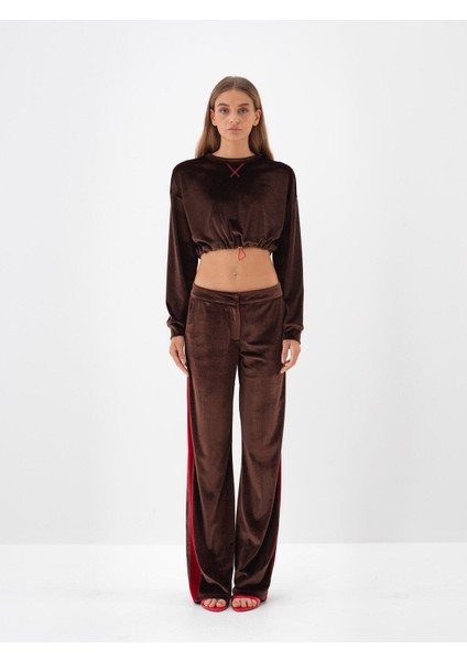 Kadın Kahverengi Lüks Dokulu Soft Kadife Oversize Sweatshirt fiyatları