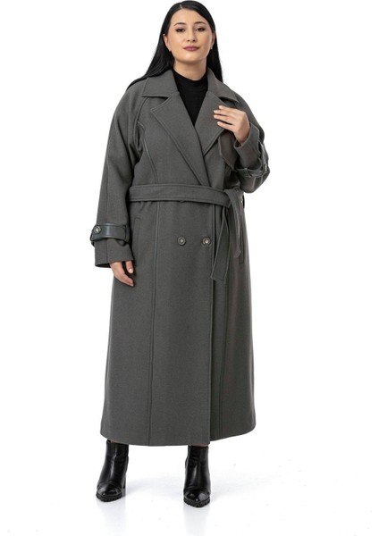 Büyük Beden Deri Biye Detaylı Fleto Cepli Kuşaklı Astarlı Kaşe Uzun Gri Kaban