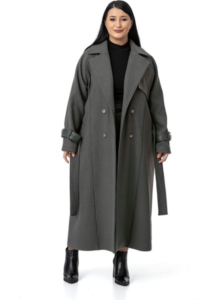 Büyük Beden Deri Biye Detaylı Fleto Cepli Kuşaklı Astarlı Kaşe Uzun Gri Kaban fiyatları