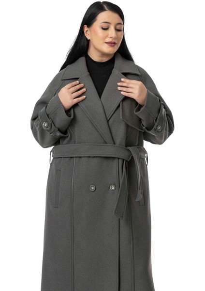 Büyük Beden Deri Biye Detaylı Fleto Cepli Kuşaklı Astarlı Kaşe Uzun Gri Kaban fırsatları