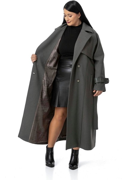 Büyük Beden Deri Biye Detaylı Fleto Cepli Kuşaklı Astarlı Kaşe Uzun Gri Kaban indirimleri