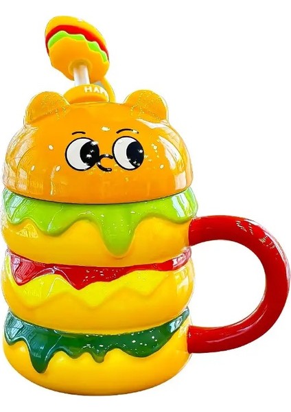 Sevimli Burger Pipetli Kapaklı Seramik Kupa Bardak 390 ML
