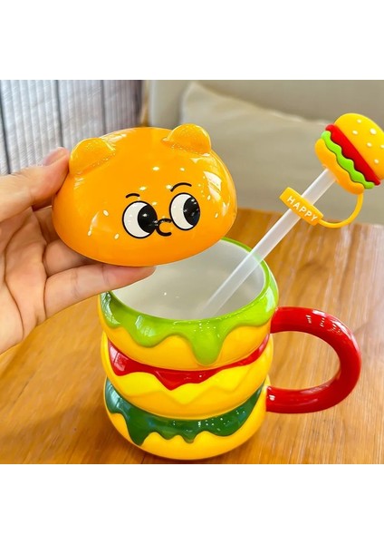 Sevimli Burger Pipetli Kapaklı Seramik Kupa Bardak 390 ML