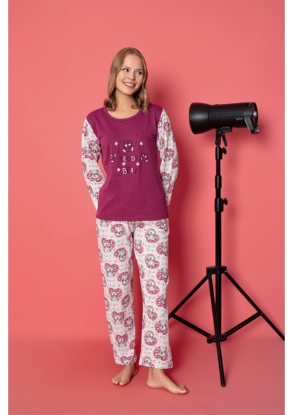 Sude Homewear Kadın Bordo Renk Teddy Desenli Iki Iplik (Şardonlu) Uzun Kol Pijama Takımı