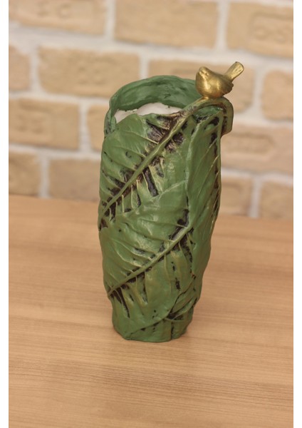Polyester Kuşlu Yaprak Desen Gold Varaklı Vazo 28,5cm