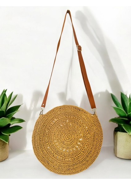Hasır El Yapımı Astarlı Deri Askılı Örgü Çanta, Yuvarlak Kadın Çapraz Çanta, Plaj Çantası, Handmade