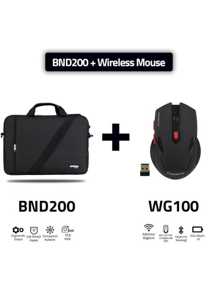 BND200-WG100 MOUSE , 15,6 inch Eko Serisi Omuz Çantası ve Oyuncu Gaming Mouse - Siyah