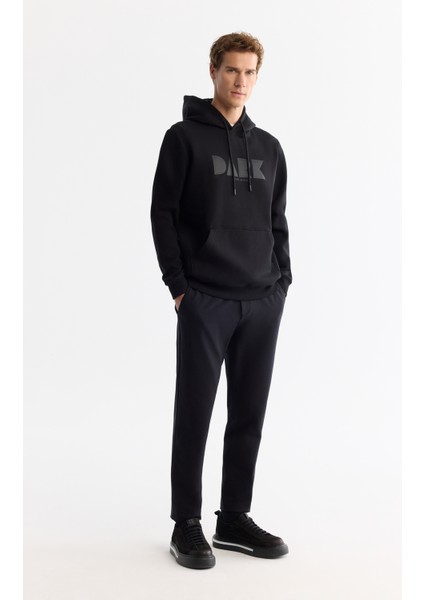 Erkek Siyah Kapüşonlu Pamuklu Baskılı Elastan Sweatshirt A42Y1322