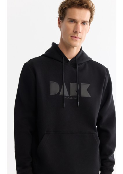 Erkek Siyah Kapüşonlu Pamuklu Baskılı Elastan Sweatshirt A42Y1322