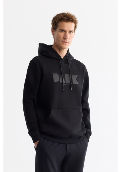 Erkek Siyah Kapüşonlu Pamuklu Baskılı Elastan Sweatshirt A42Y1322