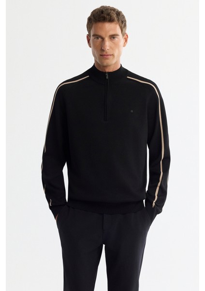 Erkek Siyah Fermuarlı Dik Yaka Rayon Triko Regular Fit Kazak A42Y5005