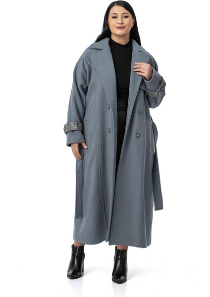 Büyük Beden Deri Biye Detaylı Fleto Cepli Kuşaklı Astarlı Kaşe Uzun Mavi Kaban