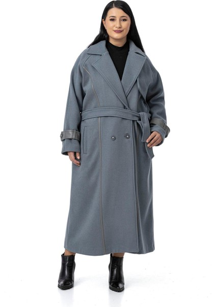 Büyük Beden Deri Biye Detaylı Fleto Cepli Kuşaklı Astarlı Kaşe Uzun Mavi Kaban fiyatları