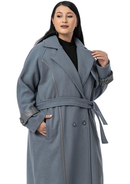 Büyük Beden Deri Biye Detaylı Fleto Cepli Kuşaklı Astarlı Kaşe Uzun Mavi Kaban fırsatları