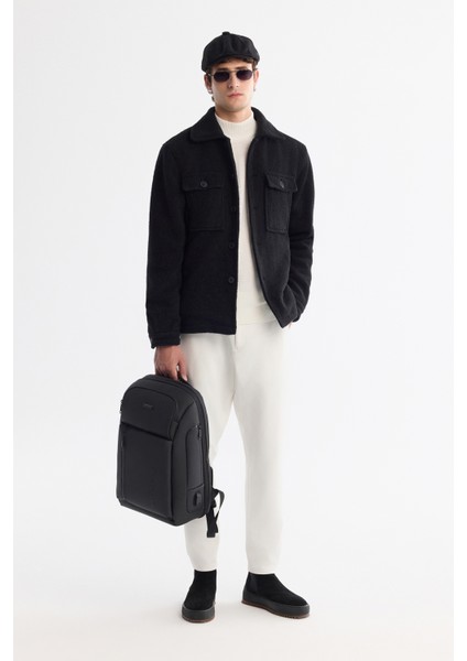 Erkek Siyah Klasik Yaka Rüzgar Geçirmez Termometreli Peluş Comfort Fit Mont A42Y6085