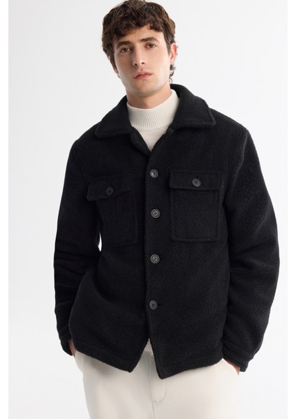 Erkek Siyah Klasik Yaka Rüzgar Geçirmez Termometreli Peluş Comfort Fit Mont A42Y6085
