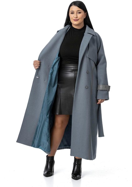 Büyük Beden Deri Biye Detaylı Fleto Cepli Kuşaklı Astarlı Kaşe Uzun Mavi Kaban indirimleri