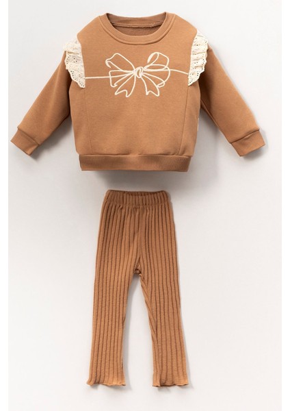 (2-5 Yaş) Kurdela Gövde Brodeli Şardonlu Üç Ip Kız çocuk takım - Kahverengi