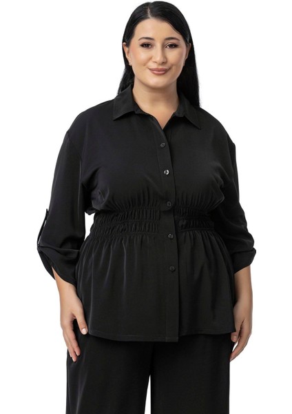 Büyük Beden Beli Lastik Büzgü Detaylı Gömlek Pantolon Siyah Ikili Takım fiyatları