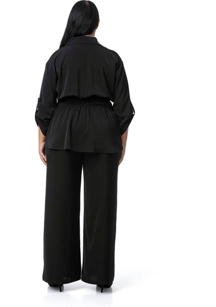Büyük Beden Beli Lastik Büzgü Detaylı Gömlek Pantolon Siyah Ikili Takım modelleri