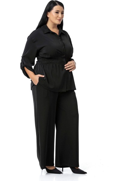 Büyük Beden Beli Lastik Büzgü Detaylı Gömlek Pantolon Siyah Ikili Takım indirimleri