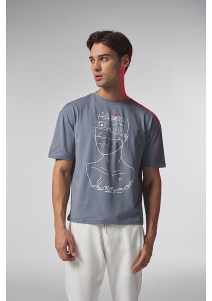 Mavi Düşünen Adam Baskılı Oversize Tshirt