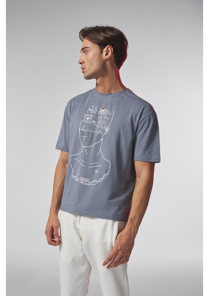 Mavi Düşünen Adam Baskılı Oversize Tshirt