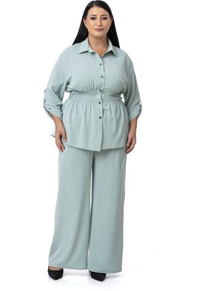 Büyük Beden Beli Lastik Büzgü Detaylı Gömlek Pantolon Mint Yeşili Ikili Takım