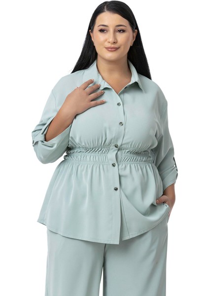 Büyük Beden Beli Lastik Büzgü Detaylı Gömlek Pantolon Mint Yeşili Ikili Takım fiyatları