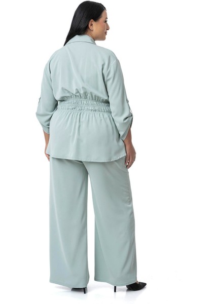 Büyük Beden Beli Lastik Büzgü Detaylı Gömlek Pantolon Mint Yeşili Ikili Takım modelleri