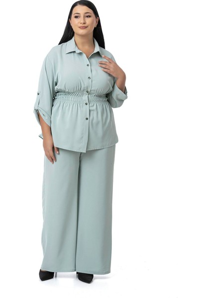 Büyük Beden Beli Lastik Büzgü Detaylı Gömlek Pantolon Mint Yeşili Ikili Takım indirimleri