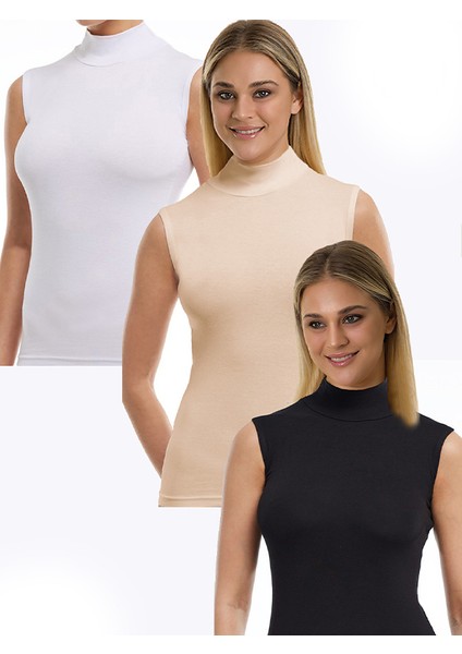 Kadın Sıfır Kol Boğazlı Body 3lü Set Ten