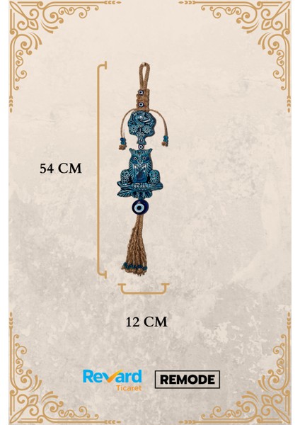 Nazar Boncuklu Seramik Ağaç ve Baykuş Desenli Dal Dekoratifli Çok Amaçlı Duvar Süs Eşyası 12 x 54 cm