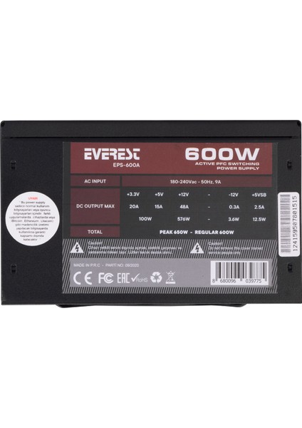 Bilişim Everest EPS-600A 12CM Fan 4xsata Aktif Pfc Power Supply Atx Btx Eps 3in1 600W Power Supply