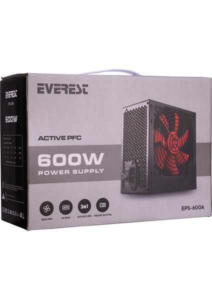 Bilişim Everest EPS-600A 12CM Fan 4xsata Aktif Pfc Power Supply Atx Btx Eps 3in1 600W Power Supply