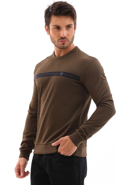 Erkek Haki Renk Mare Jaker Kumaş Bisiklet Yaka Uzun Kol Gögüste Şerit Nakış Sweatshirt - 7657