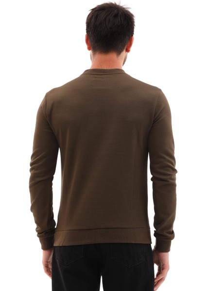 Erkek Haki Renk Mare Jaker Kumaş Bisiklet Yaka Uzun Kol Gögüste Şerit Nakış Sweatshirt - 7657