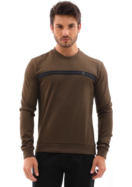 Erkek Haki Renk Mare Jaker Kumaş Bisiklet Yaka Uzun Kol Gögüste Şerit Nakış Sweatshirt - 7657