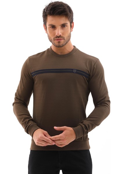 Erkek Haki Renk Mare Jaker Kumaş Bisiklet Yaka Uzun Kol Gögüste Şerit Nakış Sweatshirt - 7657