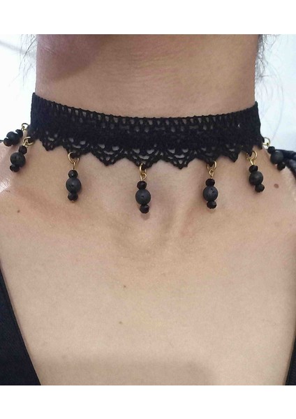 Dantel Gotik Siyah Doğaltaşlı Tasma Choker Kolye