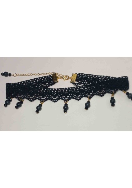 Dantel Gotik Siyah Doğaltaşlı Tasma Choker Kolye