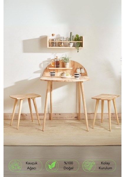 Natural Signature By Macco - Compact Chico Masa Ve Tabure Seti (3 Parça) Masif Kauçuk Ahşap