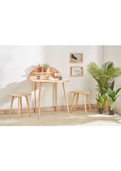 Natural Signature By Macco - Compact Chico Masa Ve Tabure Seti (3 Parça) Masif Kauçuk Ahşap